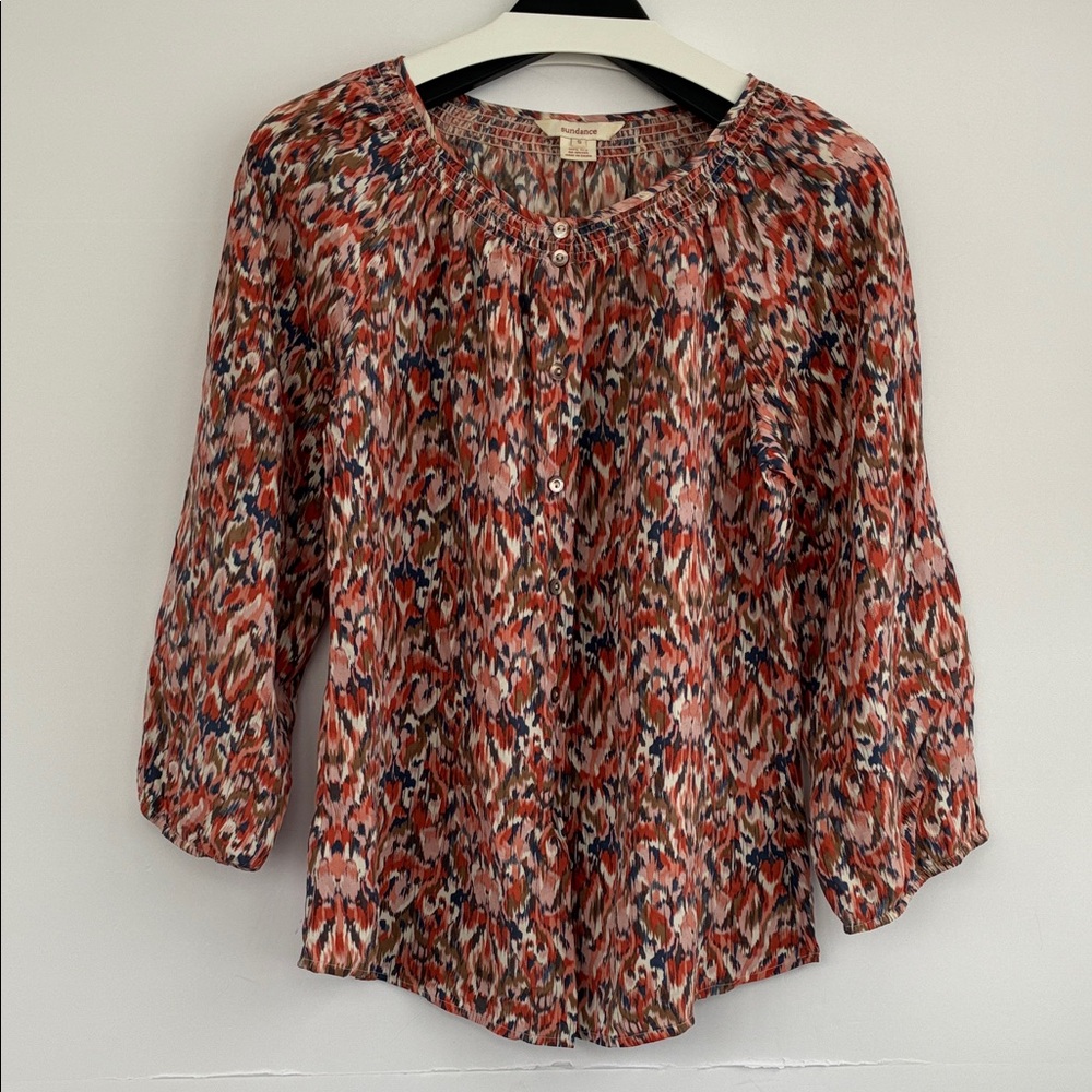 Sundance 100% Silk Abstract Multicolored Ikat Print Lightweight Blouse Small